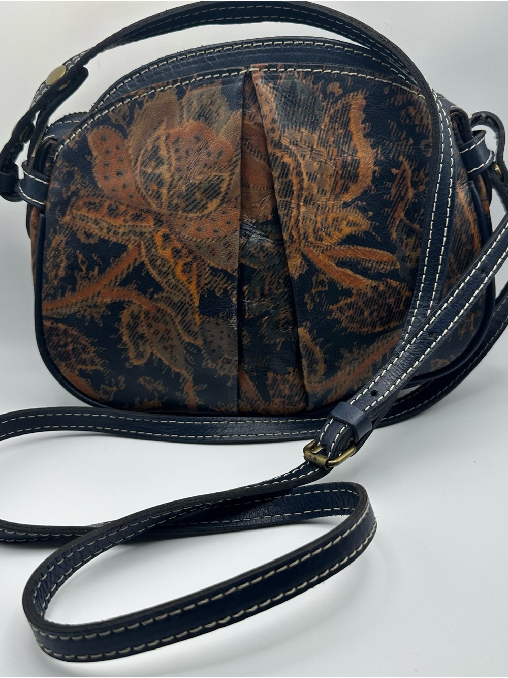Patricia Nash Navy and Brown Floral Leather Crossbody